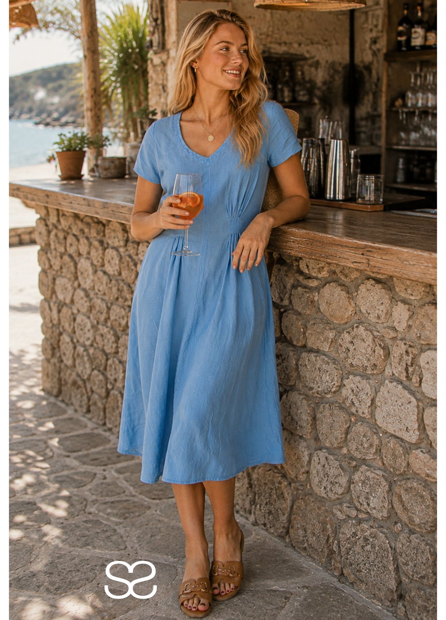 Sahara V Neck Linen Dress With Pintuck Waist Detail Cornflower Blue – SisterOnlinestore