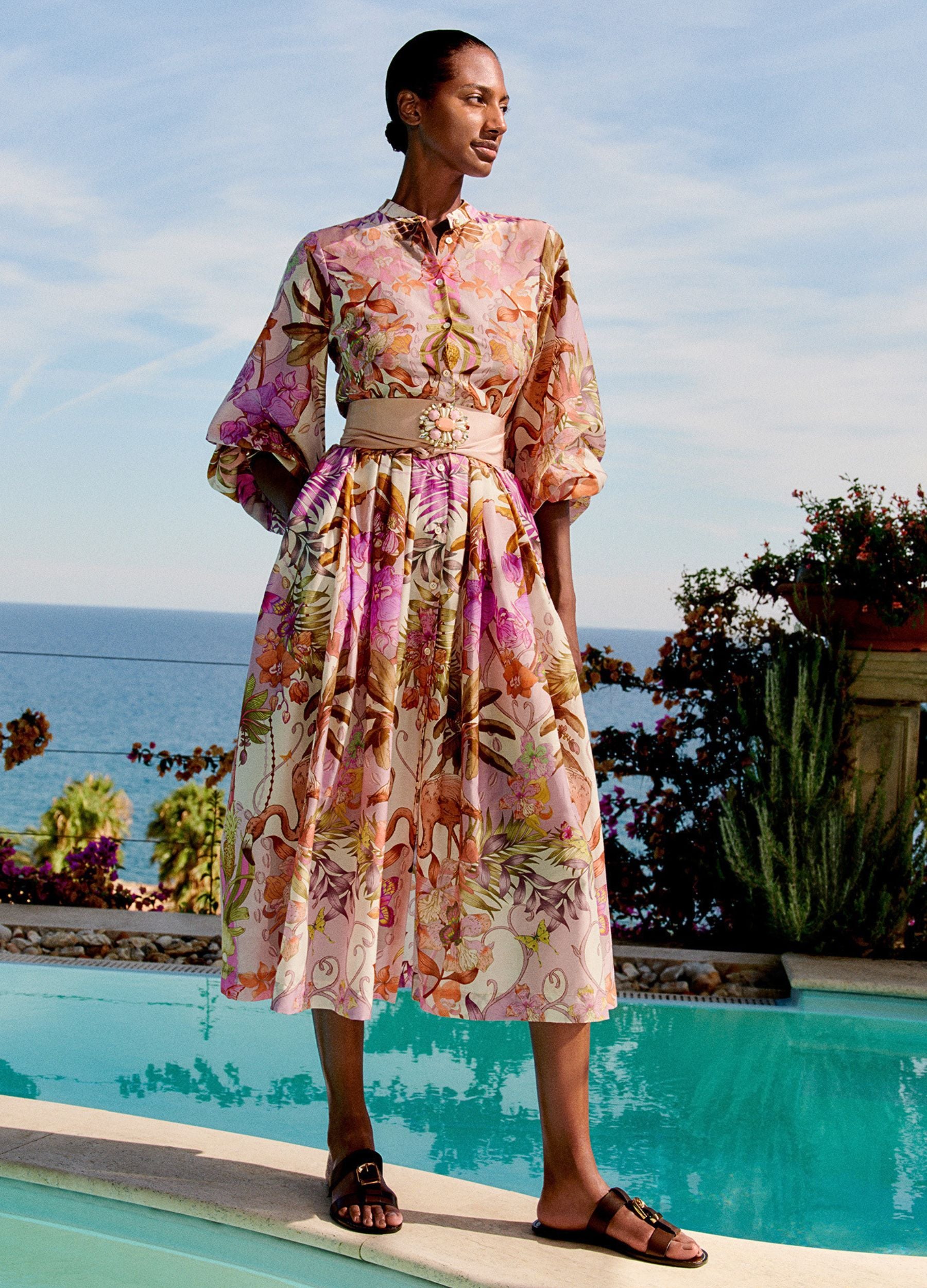 Sara Roka Dione90 Cotton Voile Flamingo Palm Print Dress with