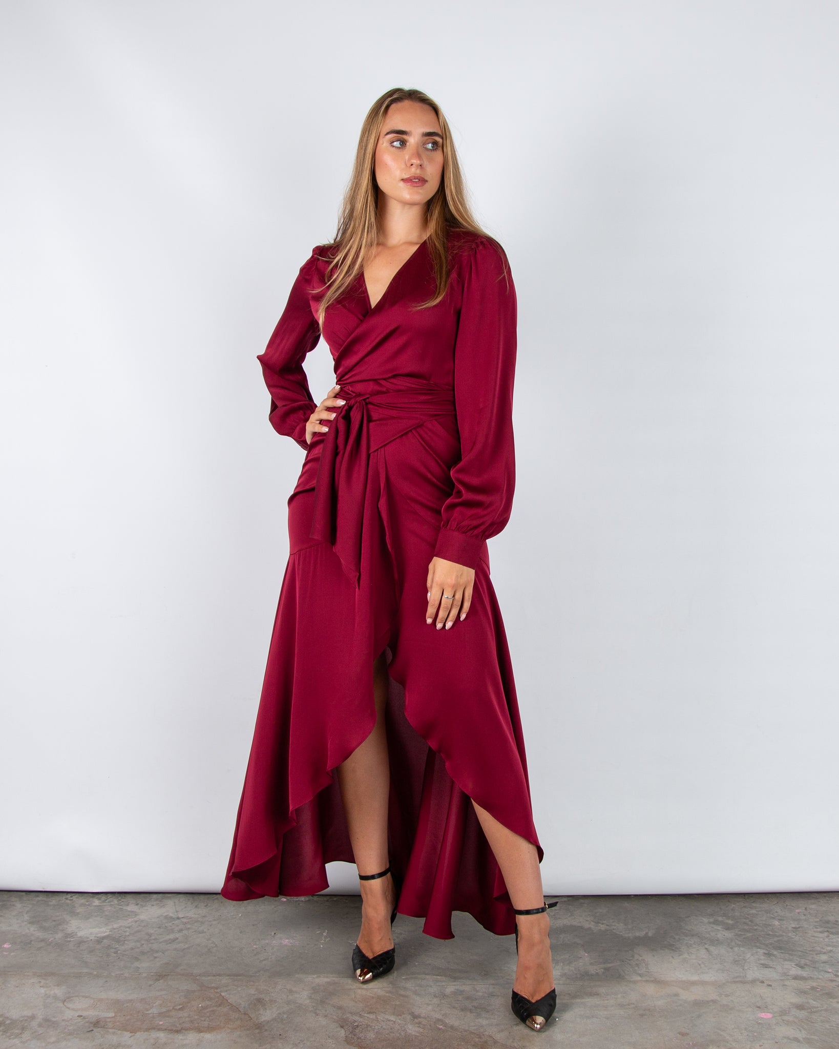 Silk95 Ananda Silk Wrap Dress With Tiered Hem Dark Ruby