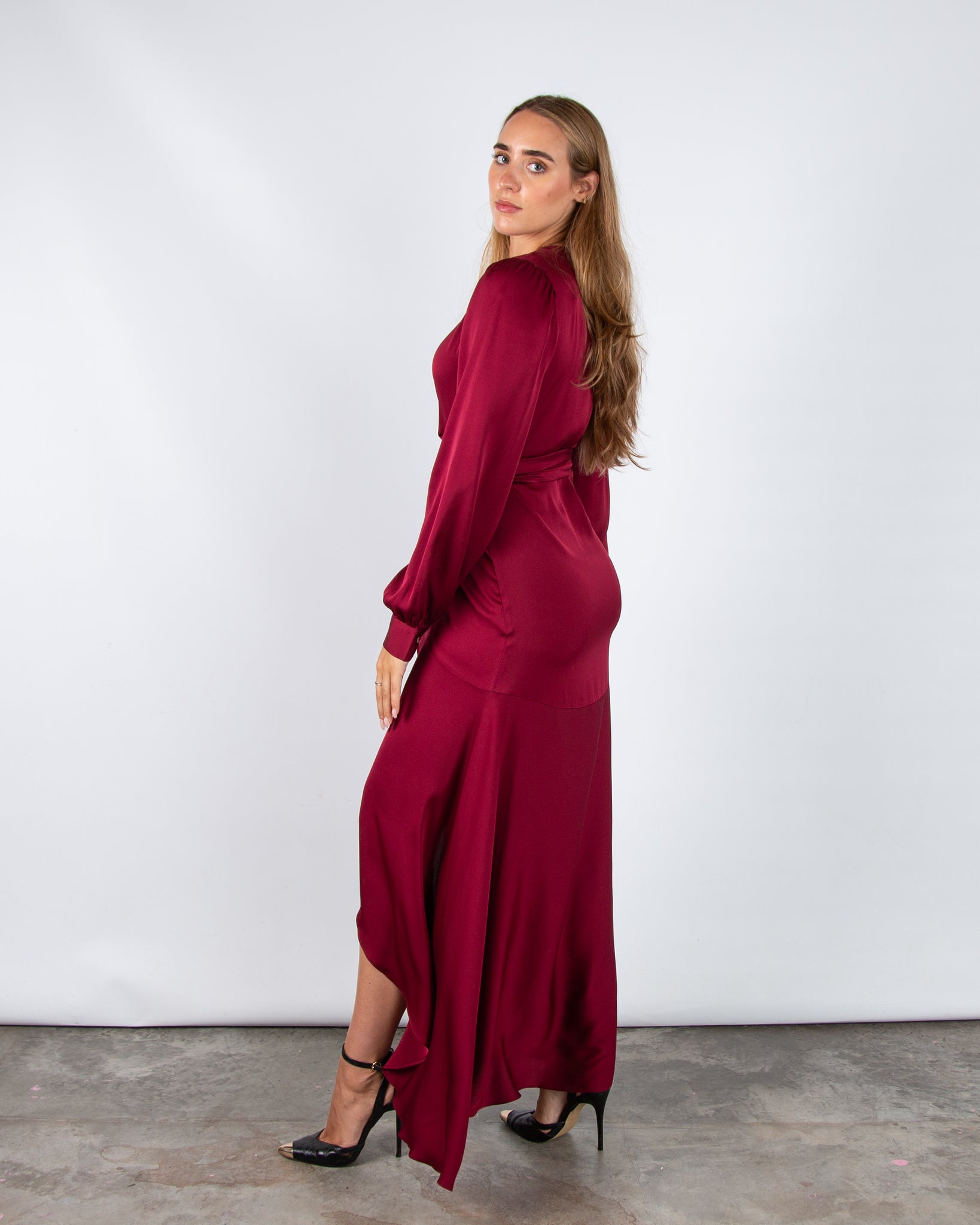 Silk95 Ananda Silk Wrap Dress With Tiered Hem Dark Ruby
