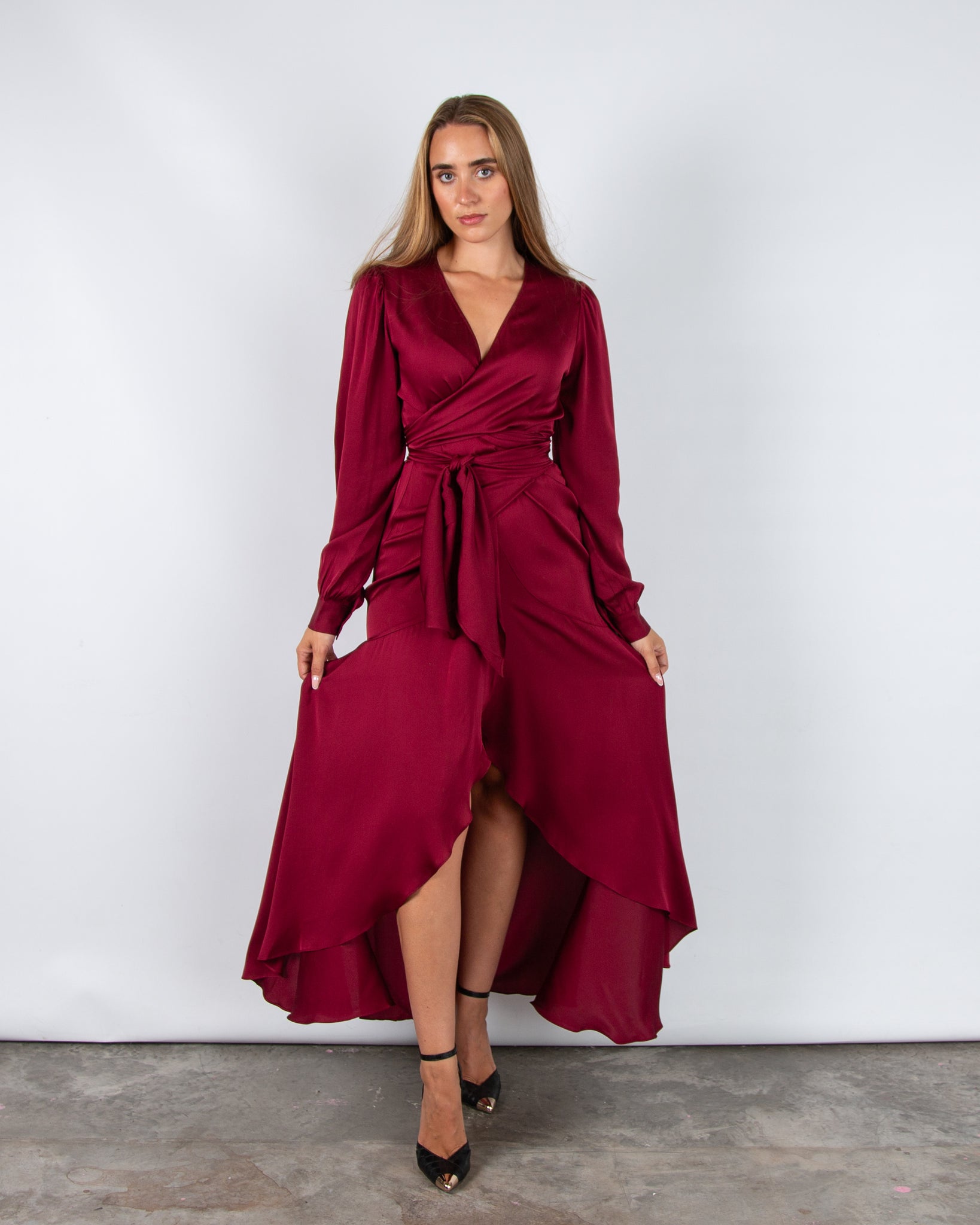 Silk95 Ananda Silk Wrap Dress With Tiered Hem Dark Ruby