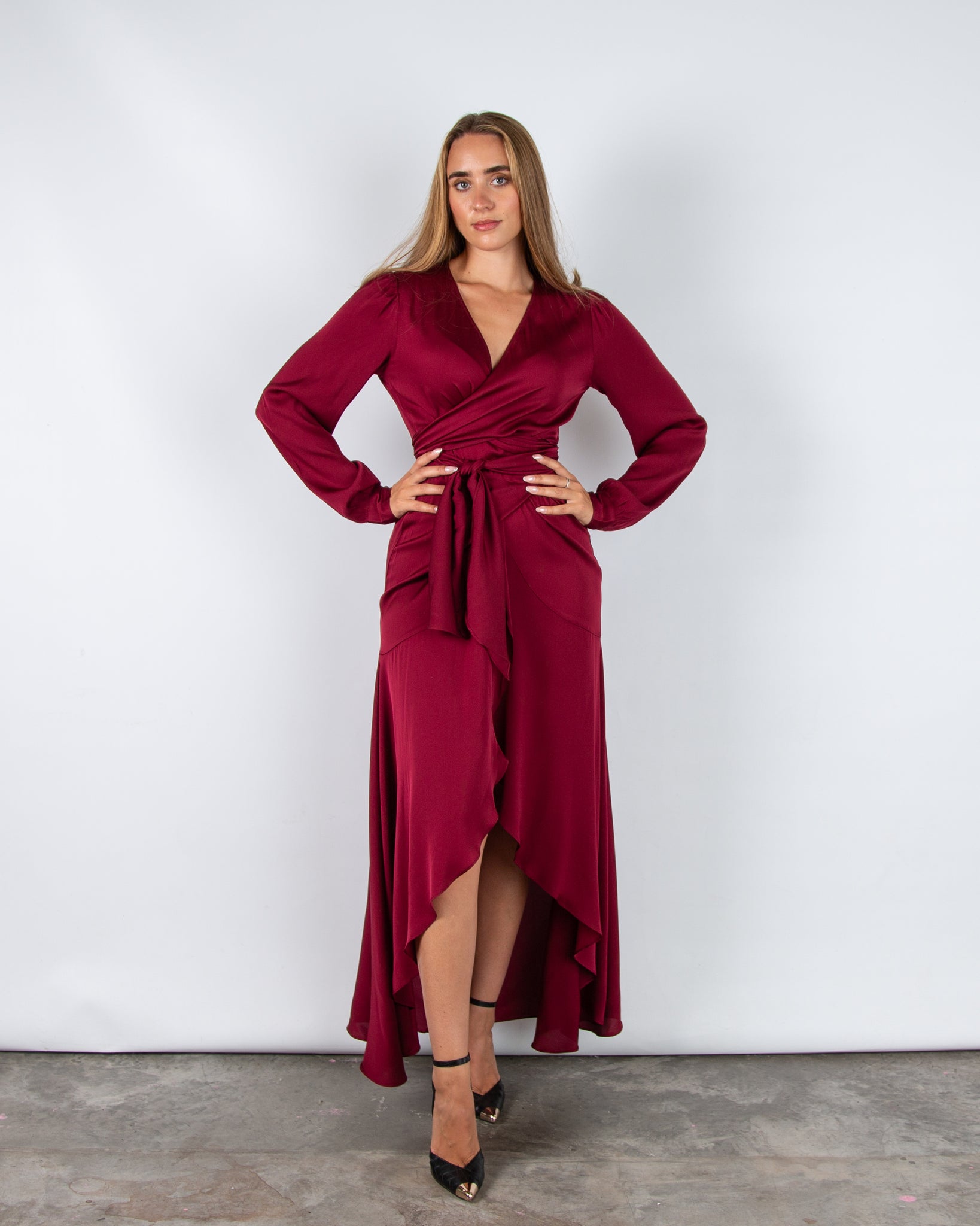 Silk95 Ananda Silk Wrap Dress With Tiered Hem Dark Ruby