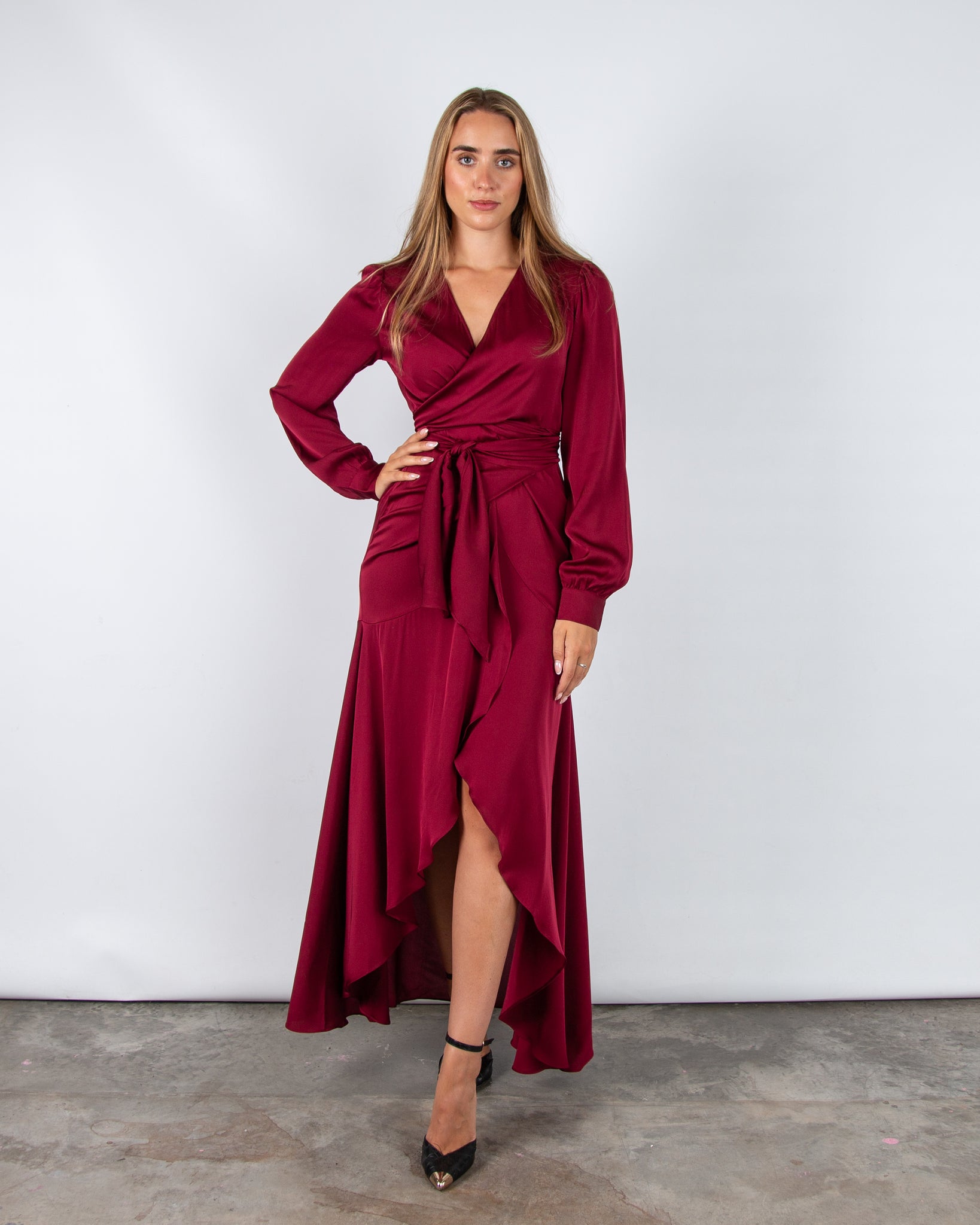 silk wrap dress uk Apricot Satin Ruffle Wrap Dress