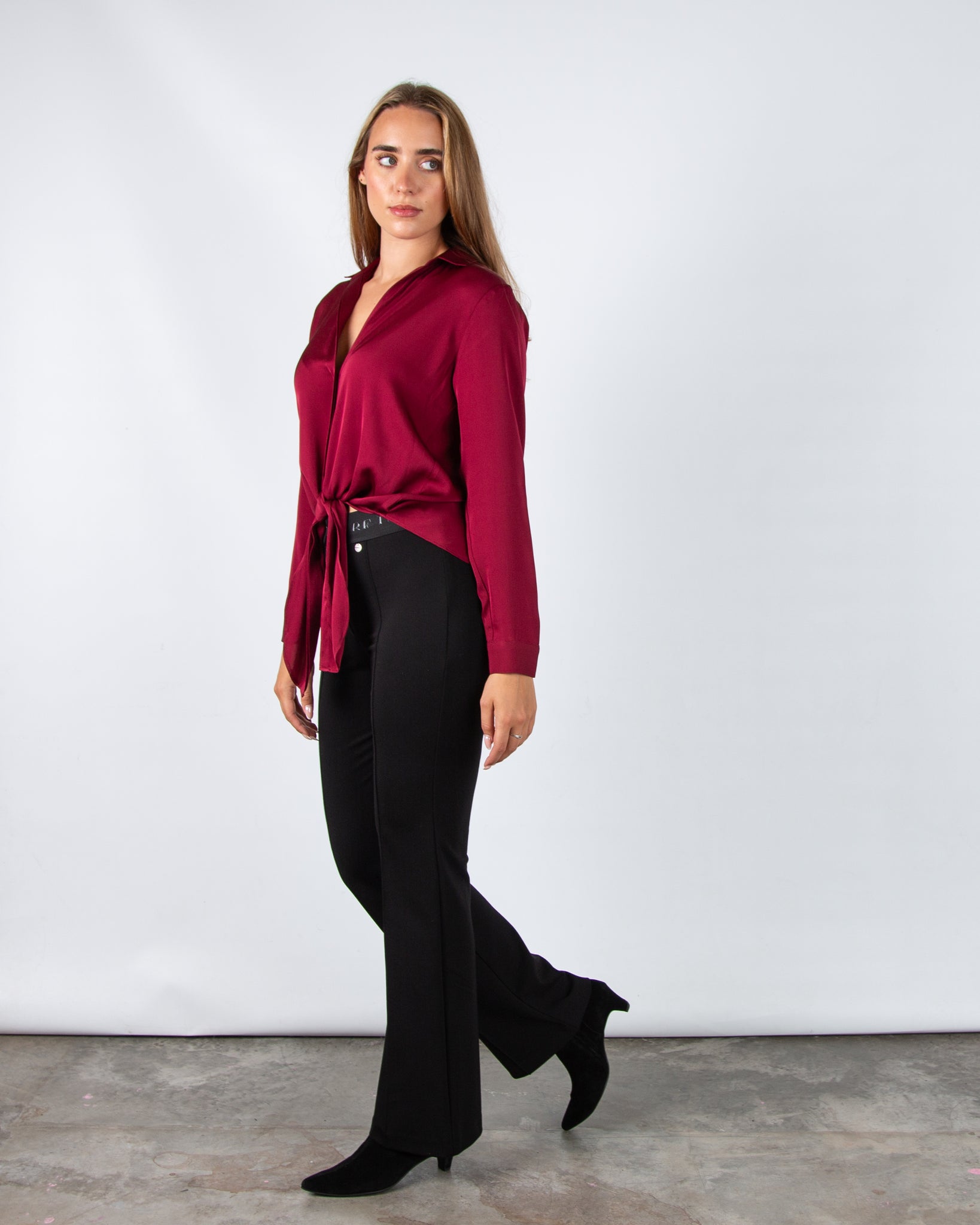 Silk95 Thai Silk Shirt Blouse With Tie Hem Dark Ruby