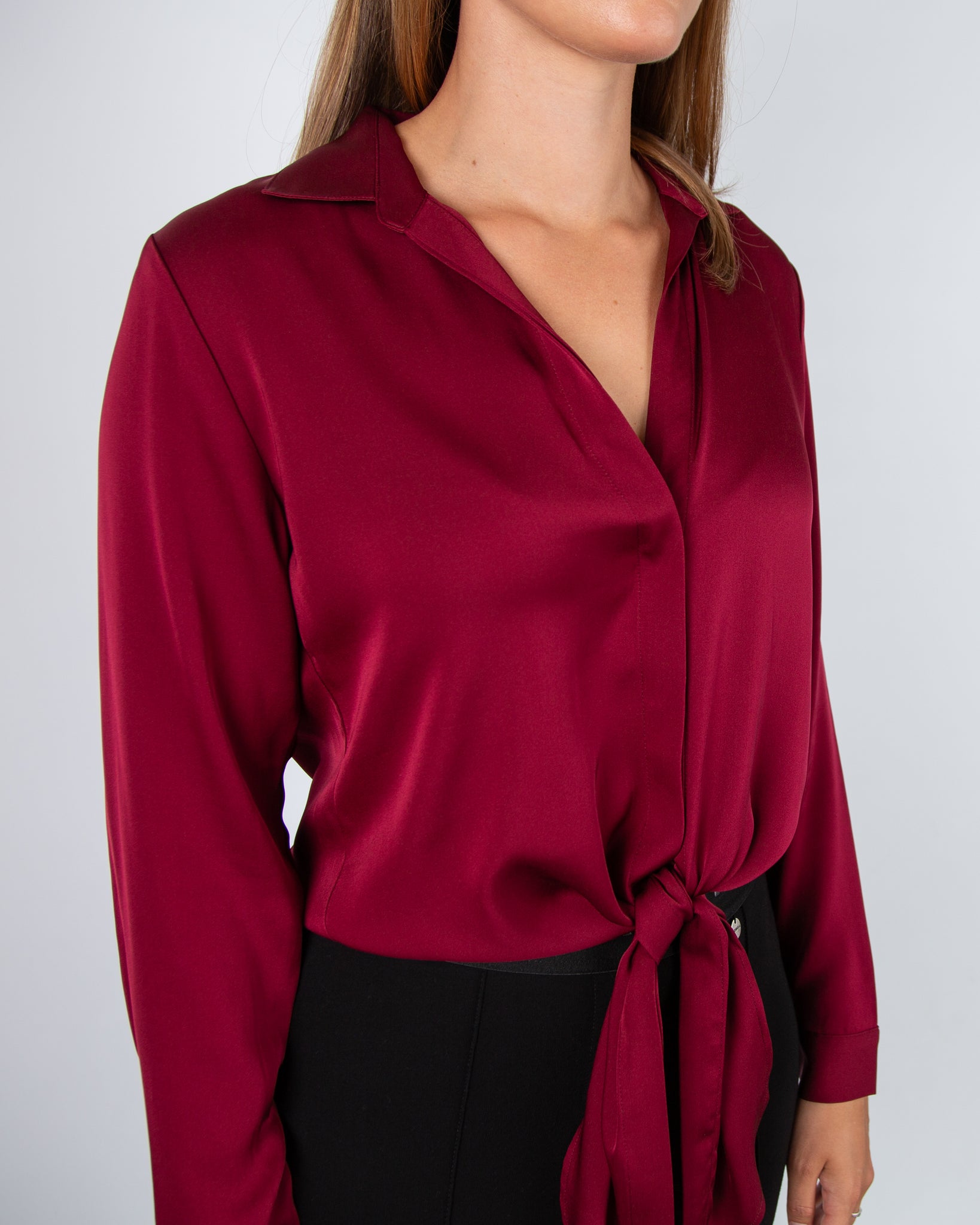 Silk95 Thai Silk Shirt Blouse With Tie Hem Dark Ruby