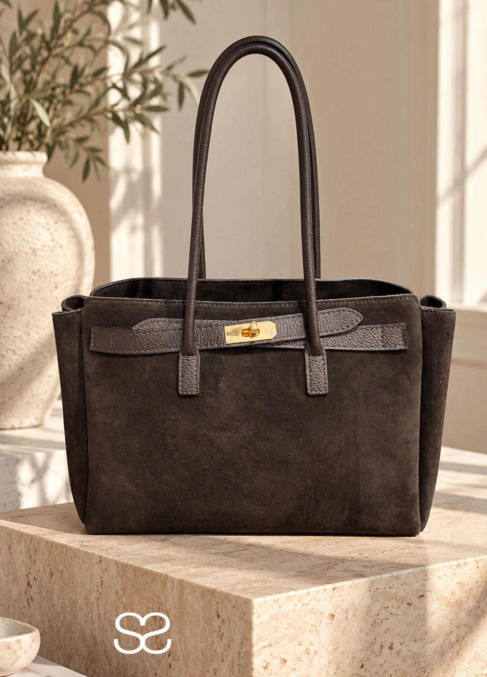 Sister ME Structured Suede Tote Bag with Leather Trim and Twist Clasp Bitter Chocolate