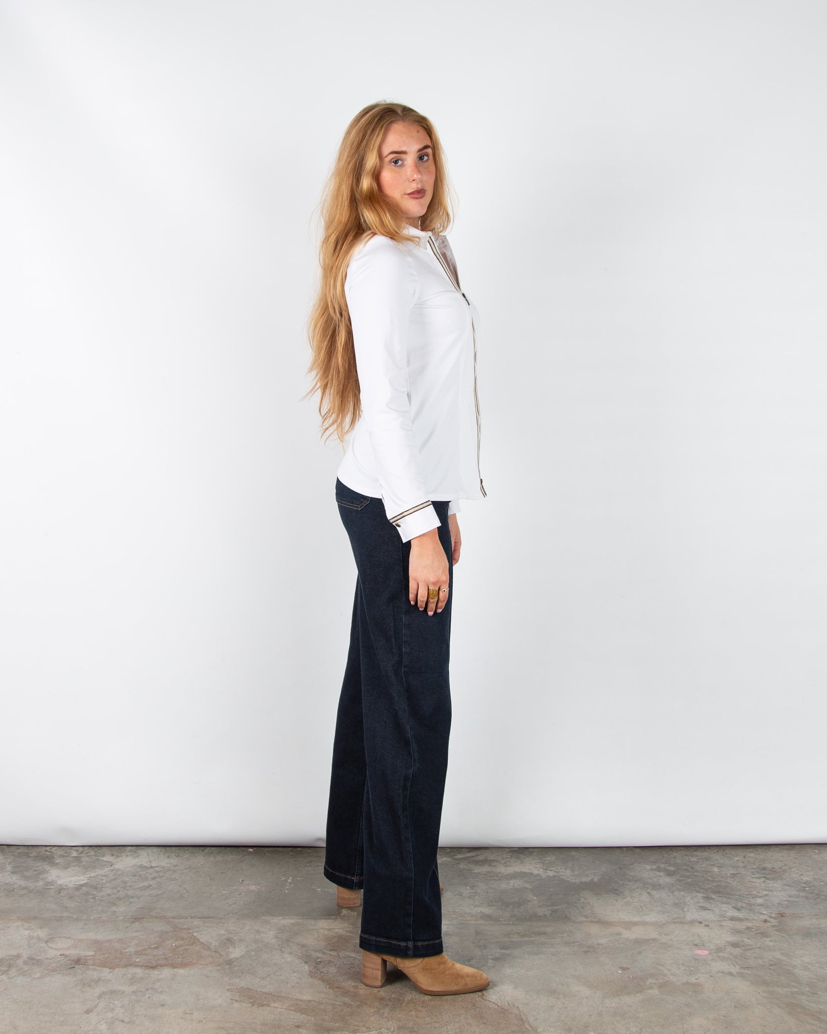 Tinta Style Ecos Zip Fitted Cotton Stretch Shirt With Ribbon White