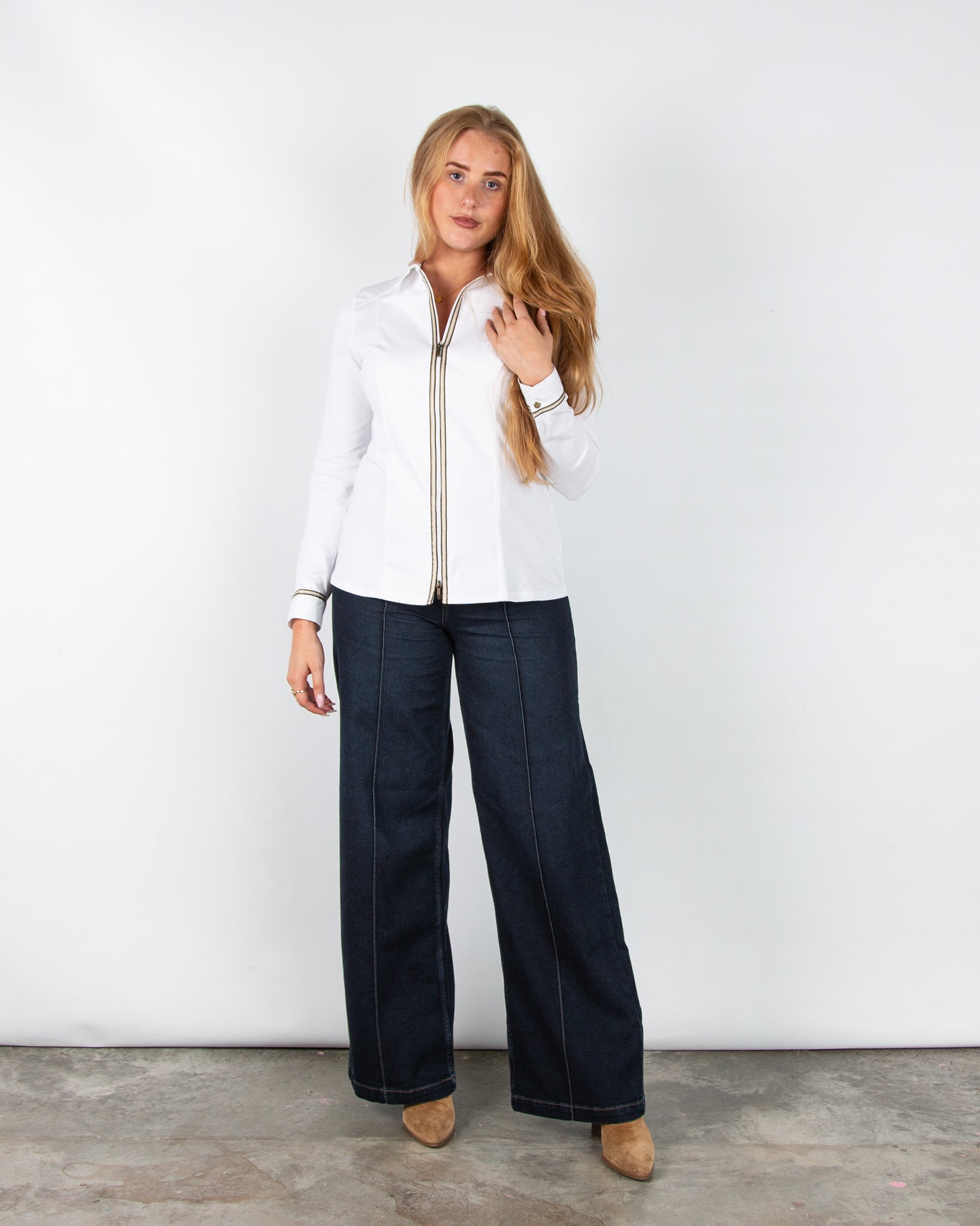 Tinta Style Ecos Zip Fitted Cotton Stretch Shirt With Ribbon White