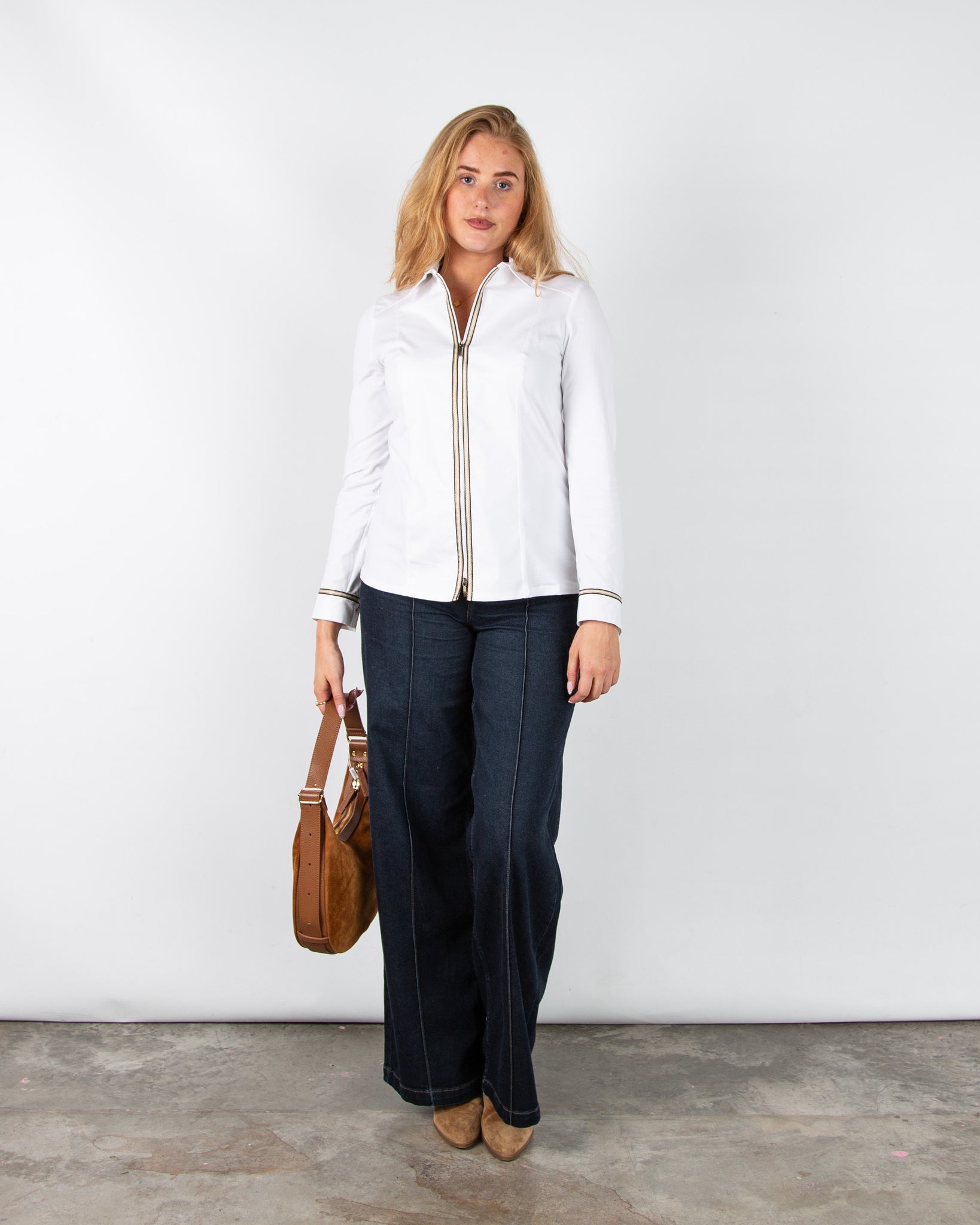 Tinta Style Ecos Zip Fitted Cotton Stretch Shirt With Ribbon White