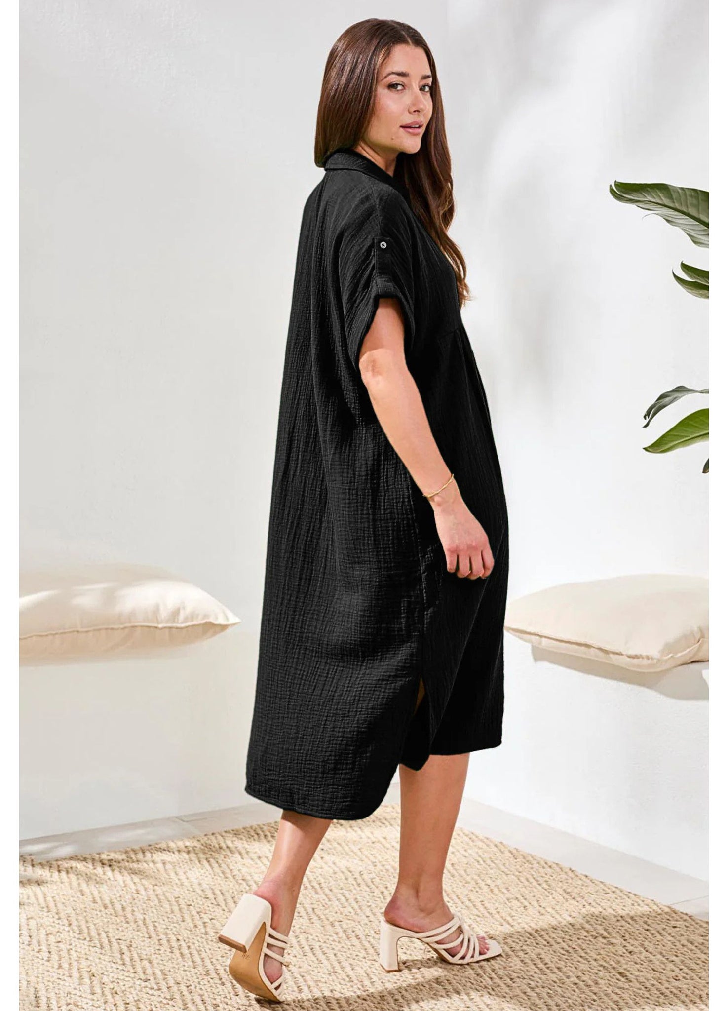 cheesecloth gathered sleeve maxi dress Tribal Fashion Cheesecloth Gathered Short Sleeve Dress with Collar Bla –  SisterOnlinestore