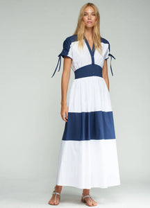 Vilagallo Linda Tie Waist Short Sleeve Colour Block Maxi Dress Navy/Wh   SisterOnlinestore