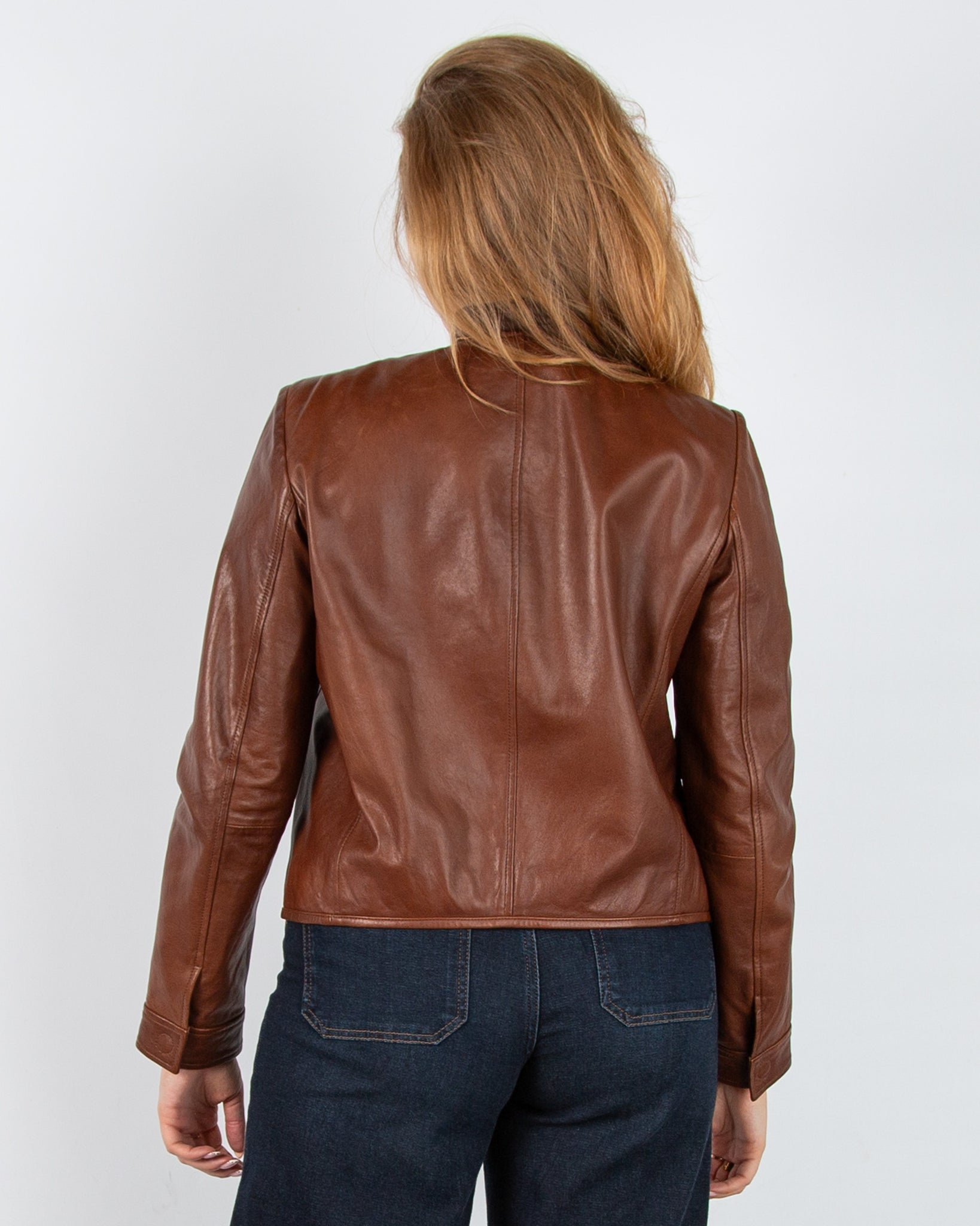 Weekend By Maxmara Otto Collarless Fitted Leather Jacket Chestnut