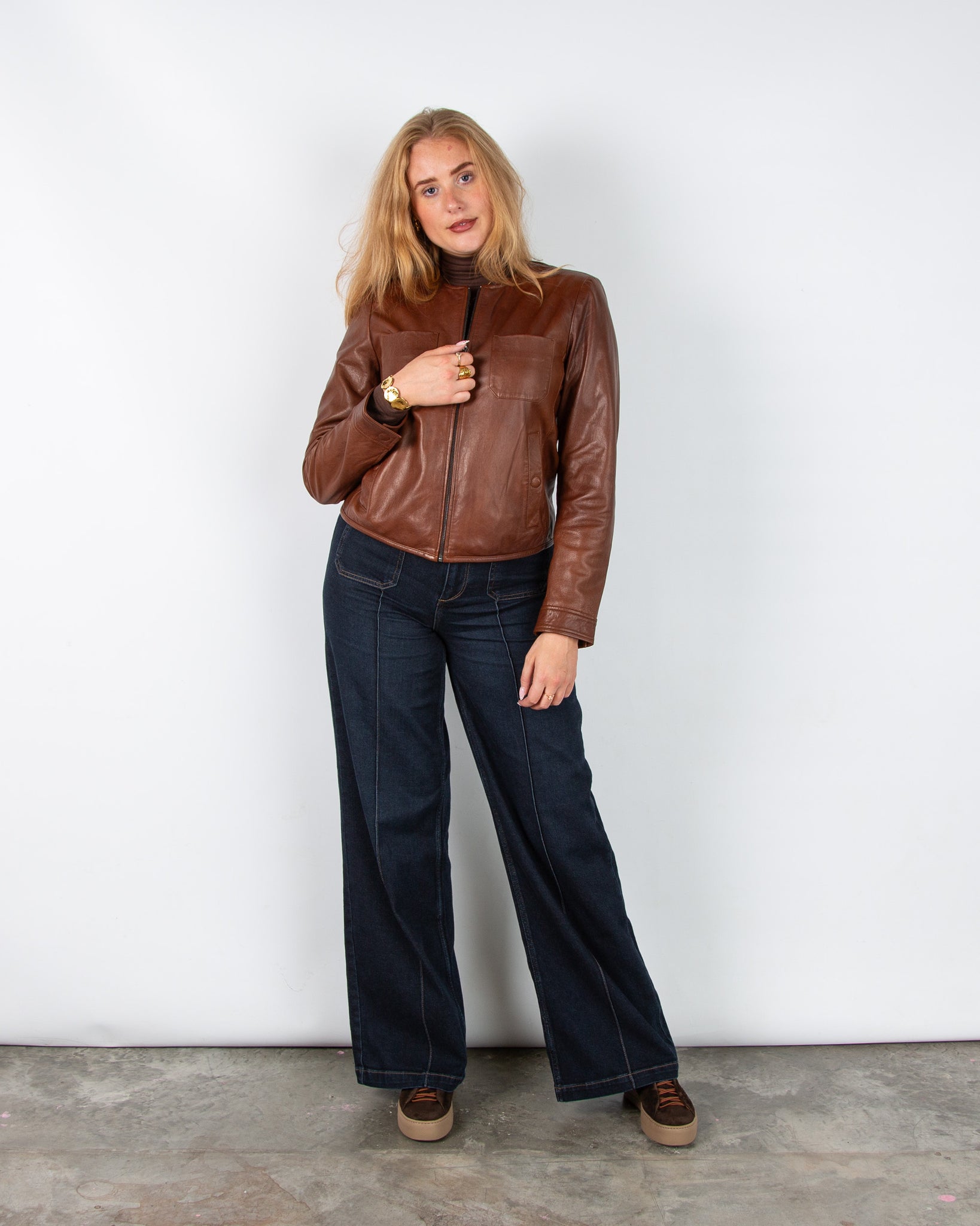 Weekend By Maxmara Otto Collarless Fitted Leather Jacket Chestnut
