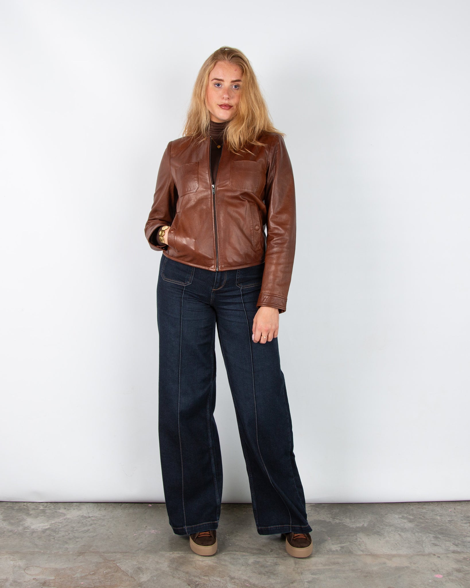 Weekend By Maxmara Otto Collarless Fitted Leather Jacket Chestnut