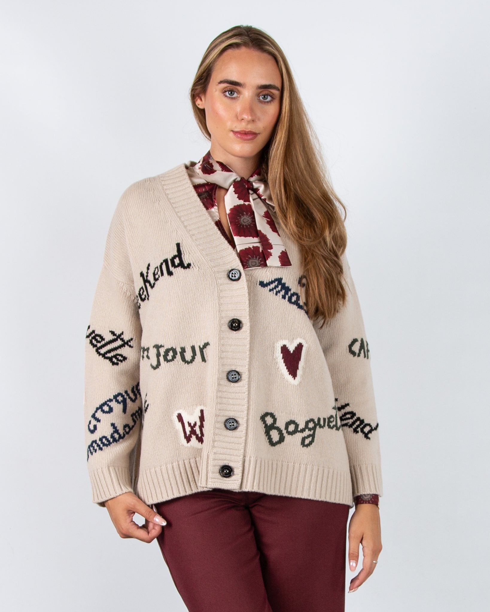 Weekend By Maxmara Belgio Calligraphy Oversized Knitted Cardigan Beige