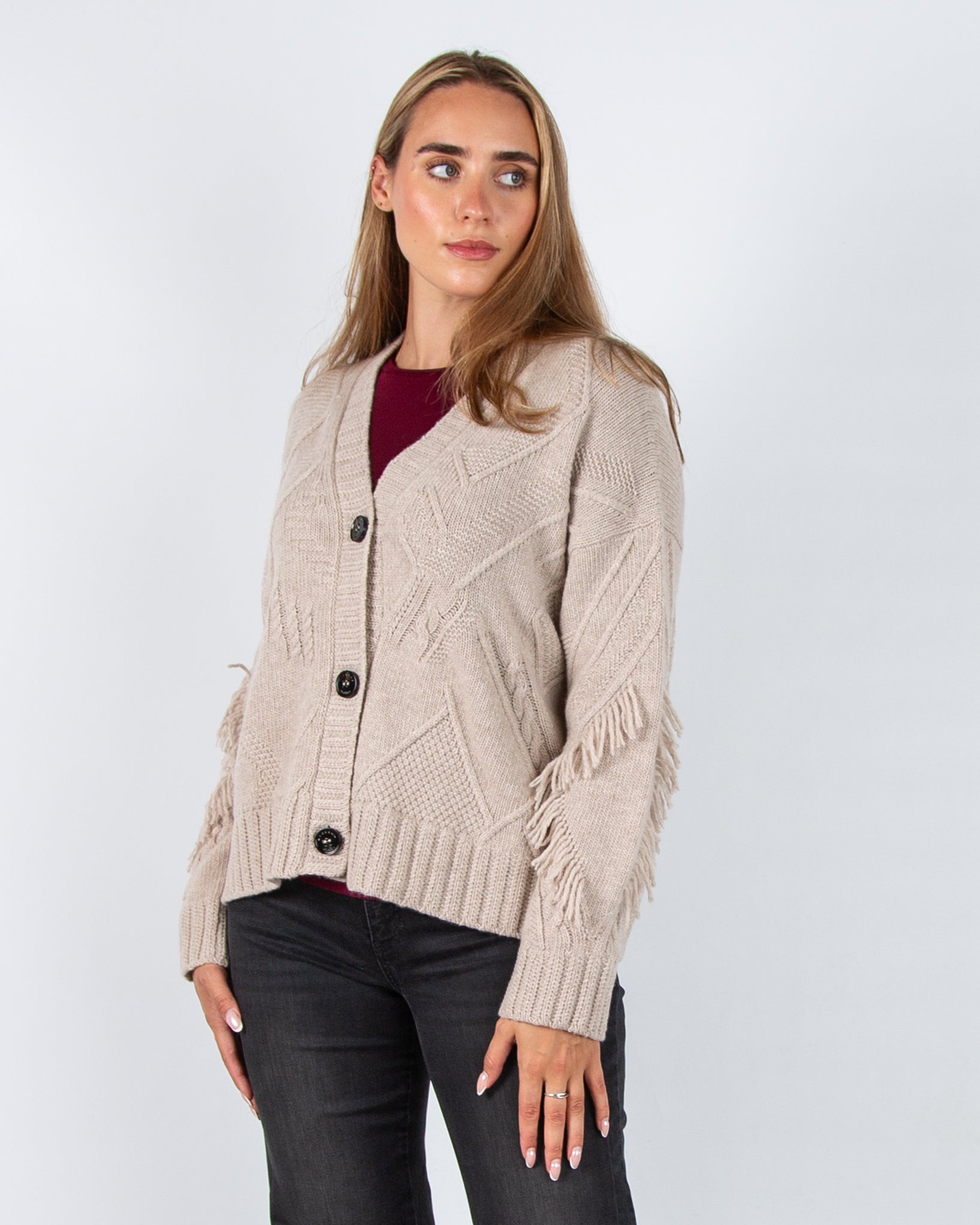Weekend By Maxmara Stallo V Neck Cable Knit Cardigan Sand Melange 003