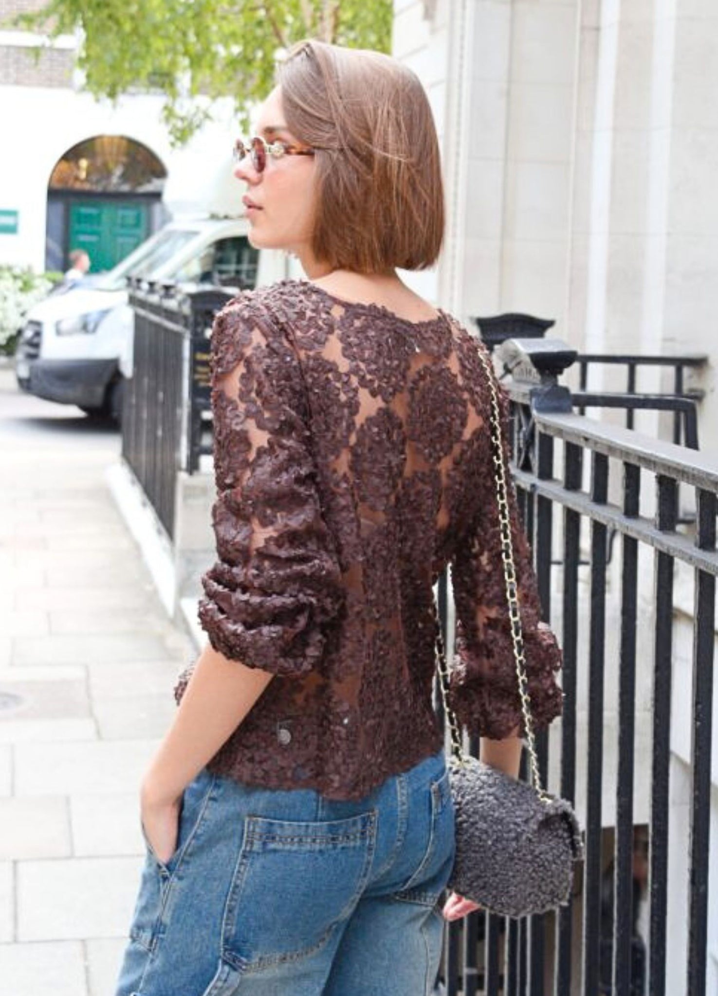 Y London Mandy Applique Mesh Top Chocolate