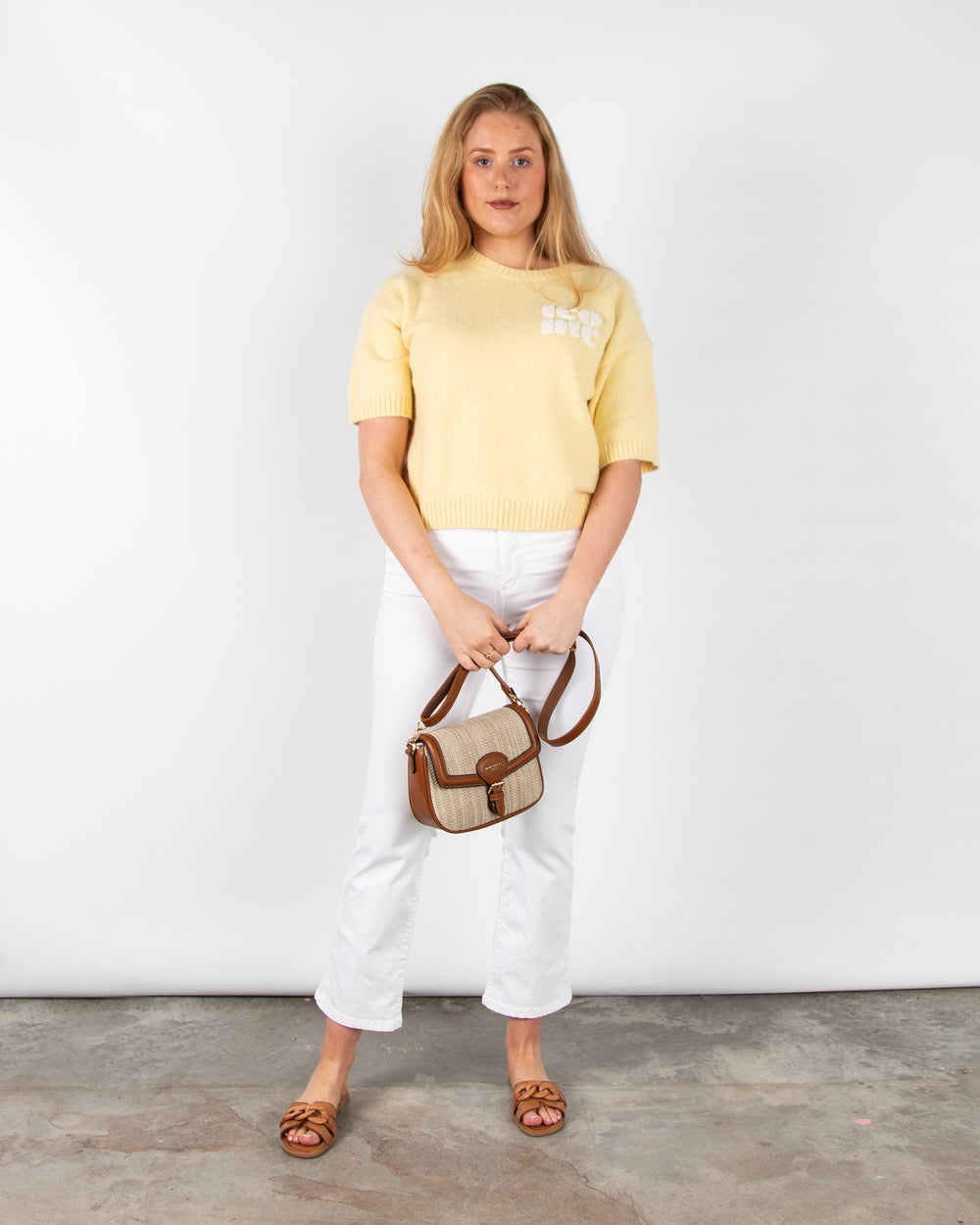 Yaya Alpaca Blend Short Sleeve Jumper with Calligraphy Detail Lemon