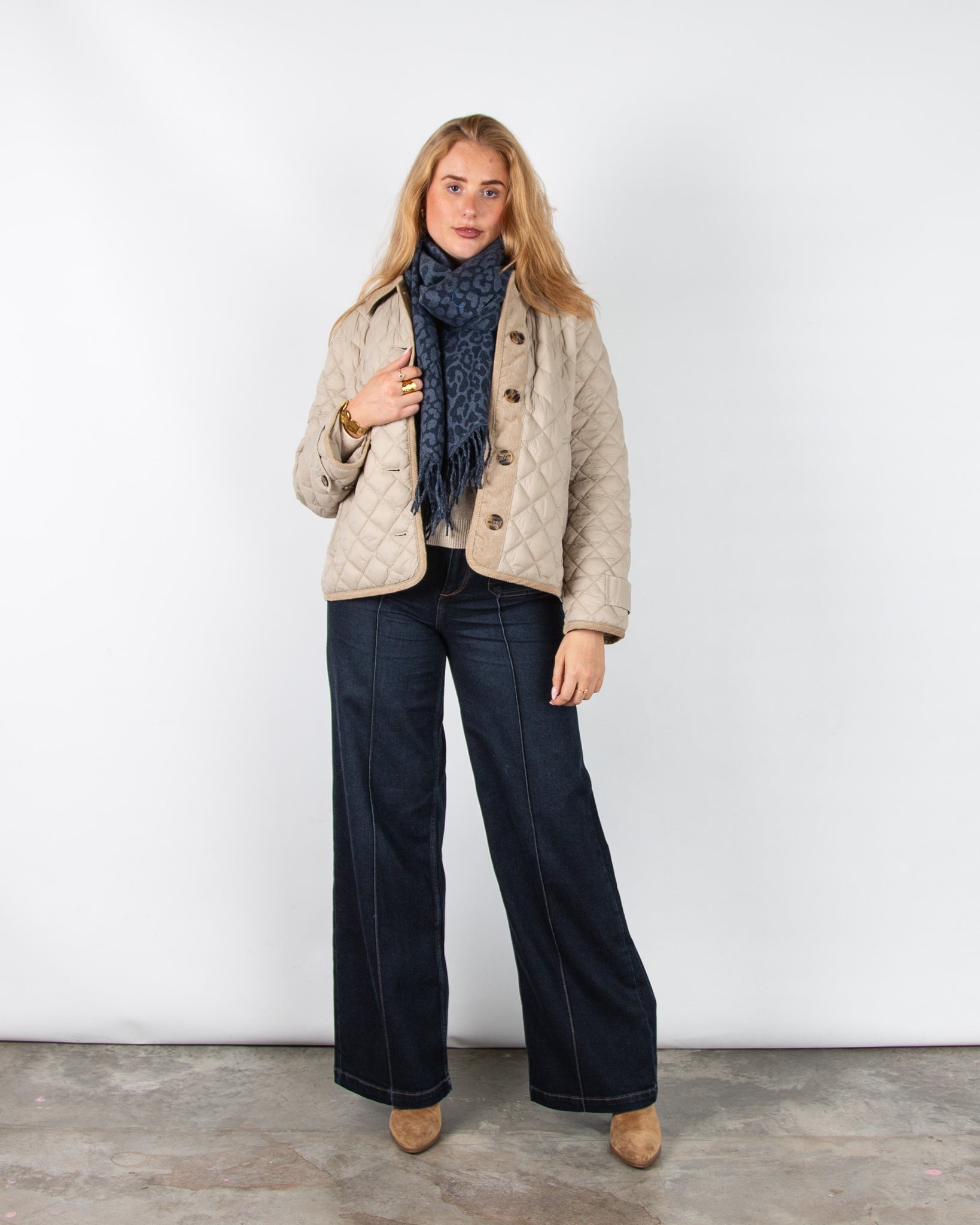 Zelly Leopard Print Scarf with Tassel Trim Navy