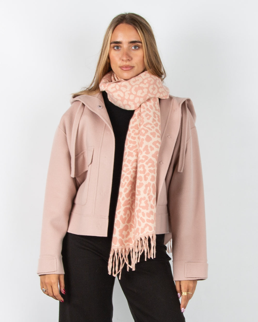 Zelly Leopard Print Scarf with Tassel Trim Pink/Cream