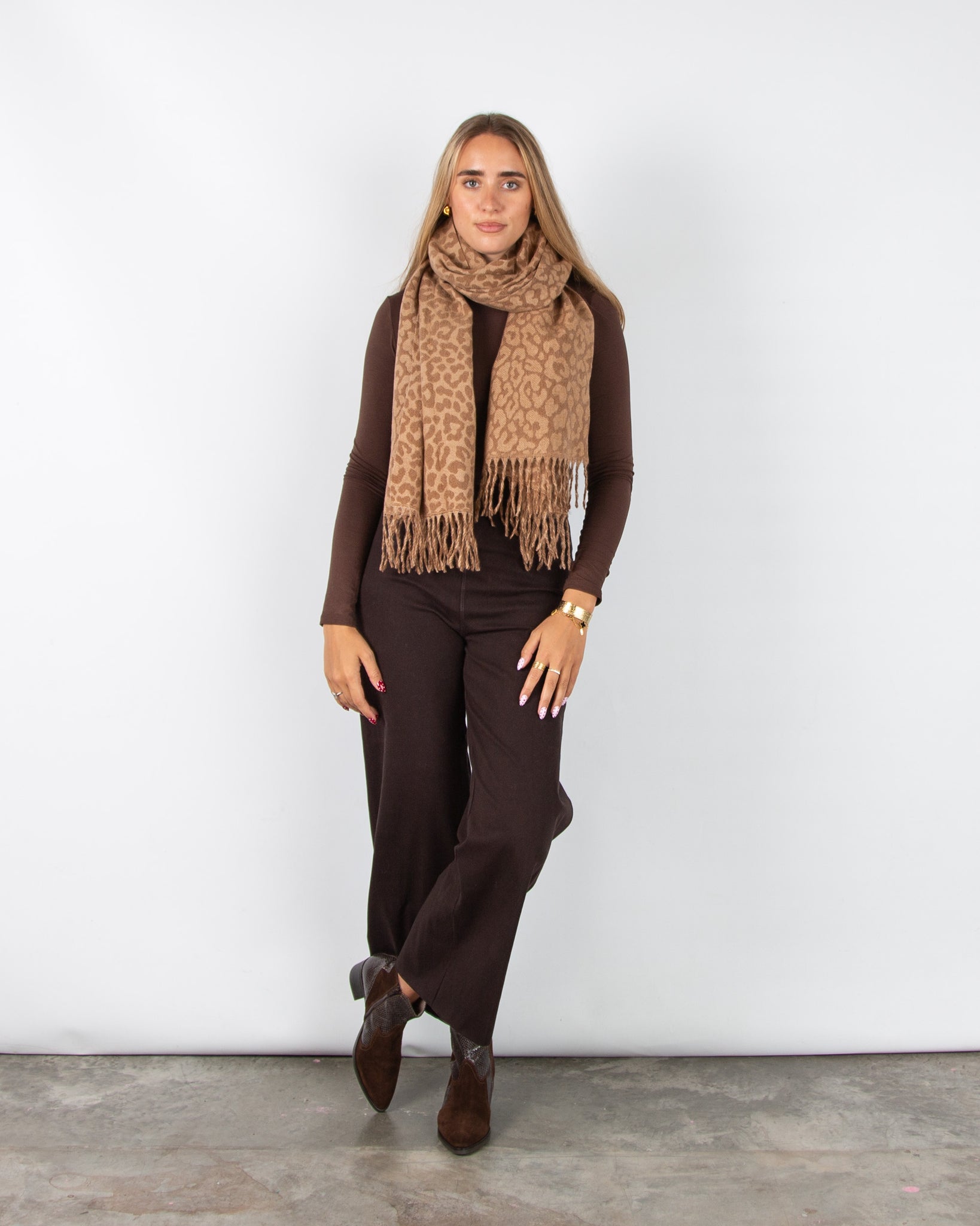 Zelly Leopard Print Scarf with Tassel Trim Coffee
