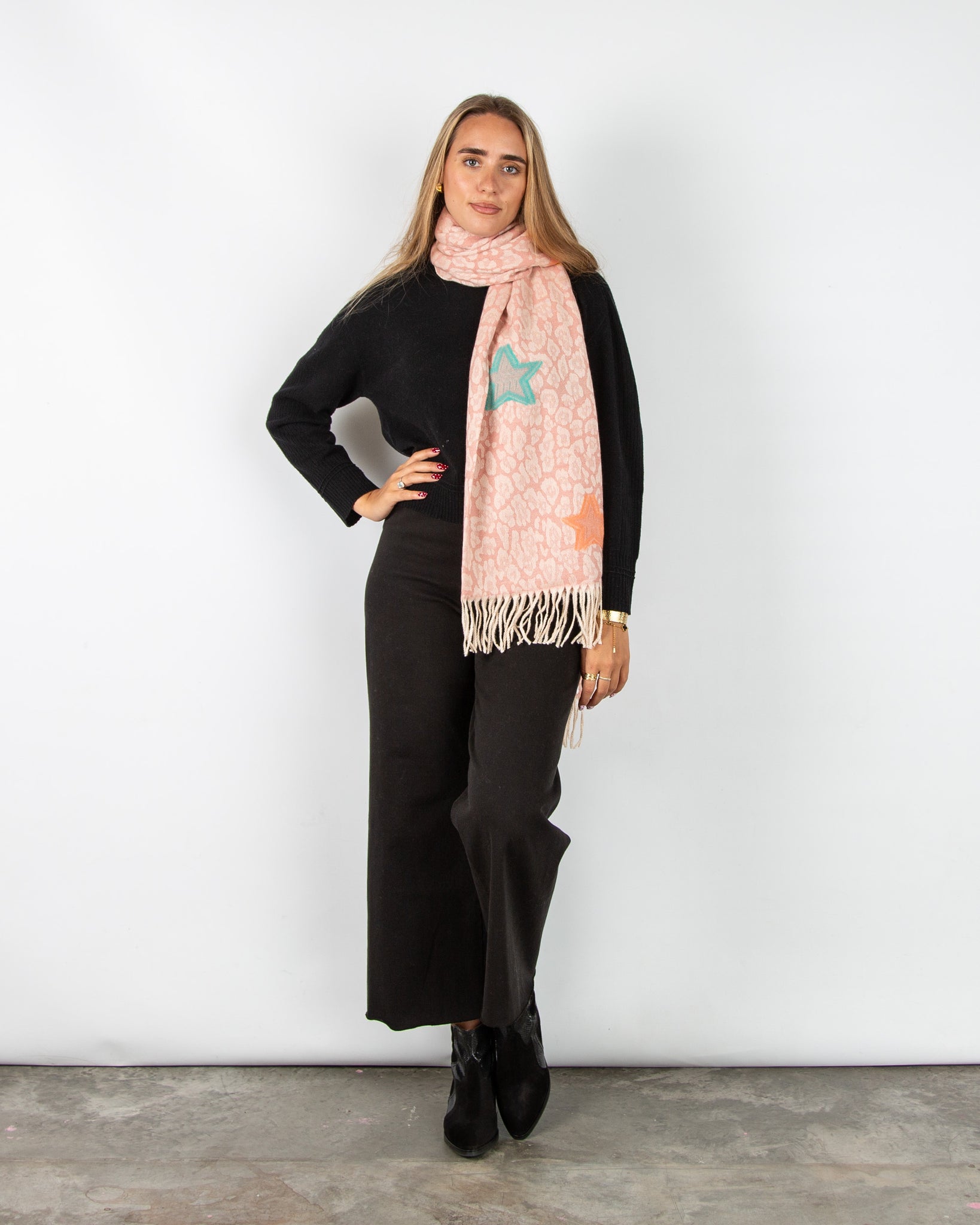 Zelly Leopard and Star Print Scarf with Tassel Trim Pink/Multi