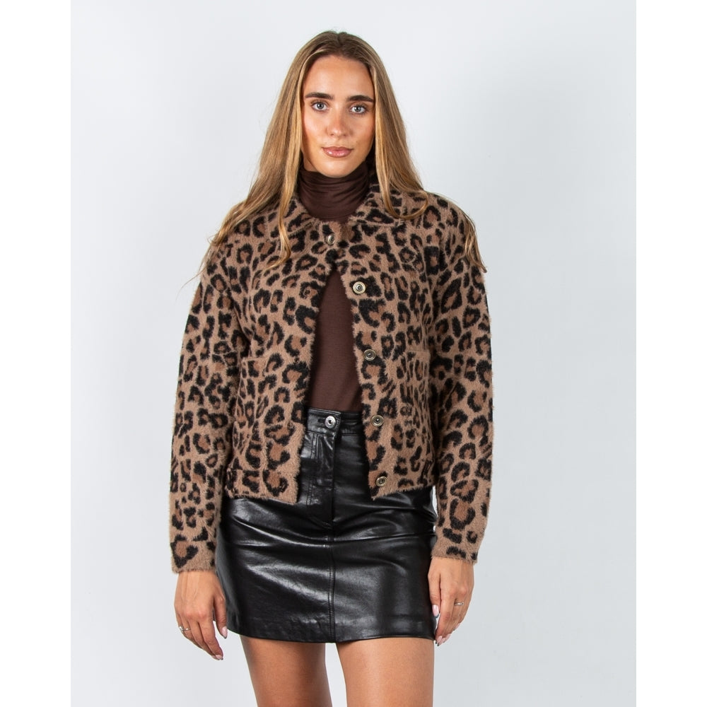 Rino & Pelle Bubbly Leopard Button Detail Fluffy Jacket With Collar Leopard